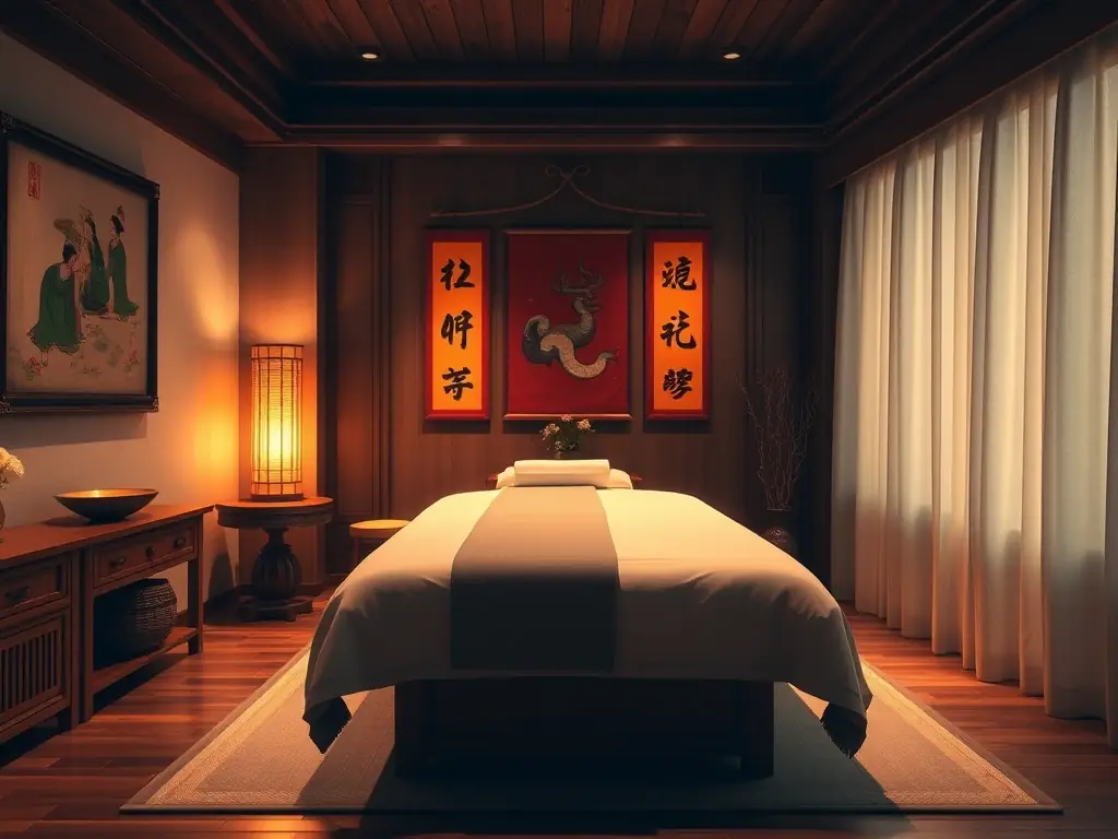 A serene massage room with soft lighting, traditional decor, and a therapist gently massaging a client's back using traditional Asian techniques.