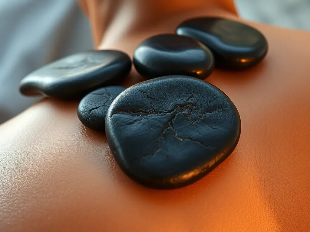 A close-up shot of smooth, heated stones placed on a person's back during a hot stone massage. The lighting is warm and inviting, emphasizing relaxation.