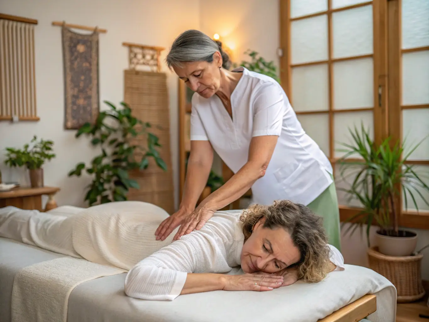 A serene image of a therapist performing a traditional Asian massage, focusing on pressure points. The setting is a dimly lit, calming room with Asian-inspired decor.