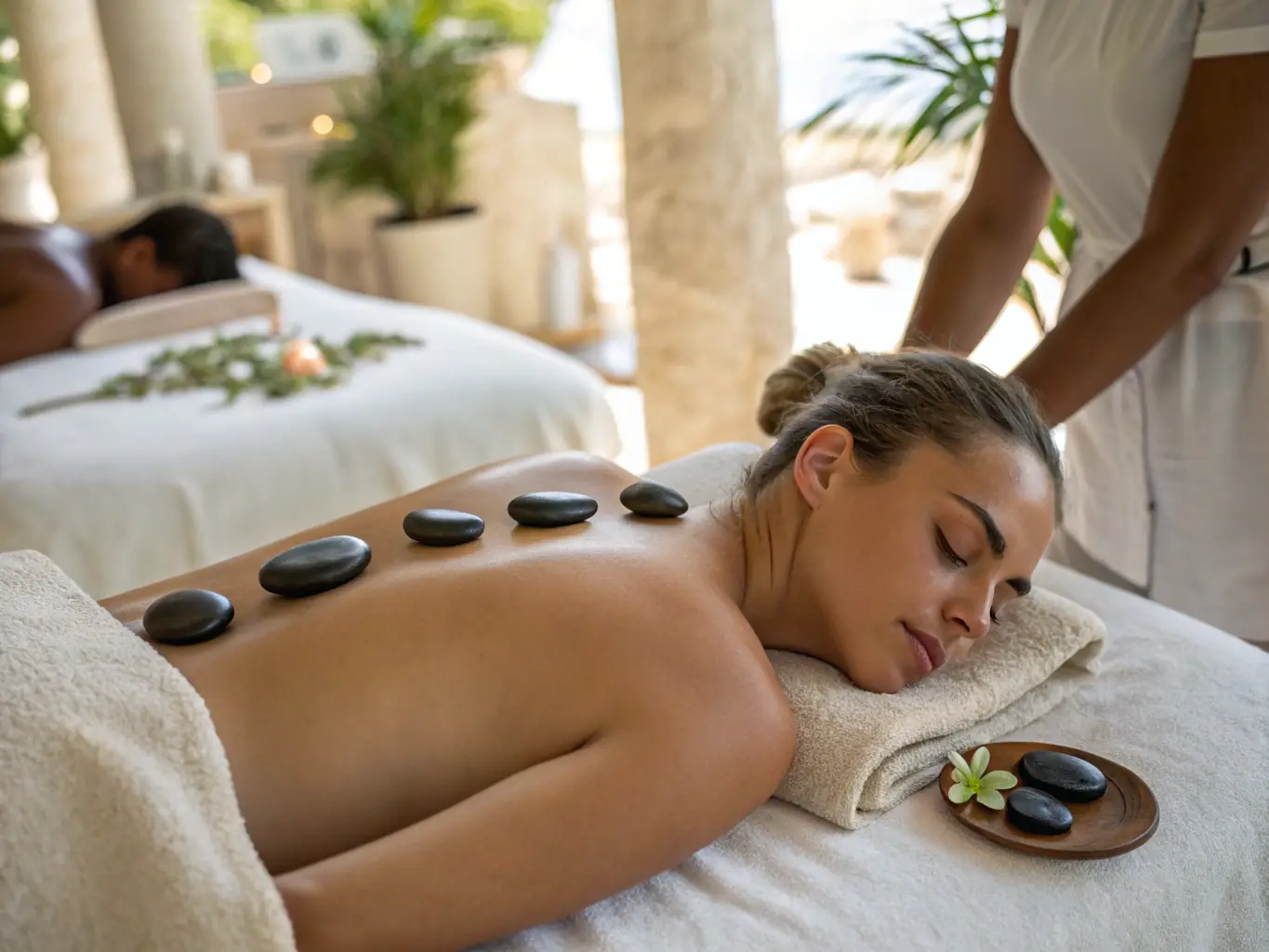 A close-up shot of smooth, heated stones placed on a client's back during a hot stone massage. The lighting is warm and inviting, emphasizing the relaxing nature of the treatment.