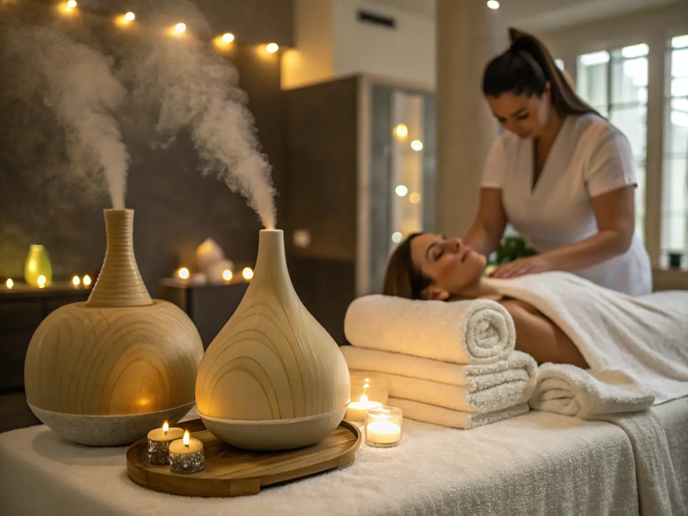 A therapist applying aromatic oil to a client's shoulders in a calming environment, with essential oil diffusers and soft, natural light.