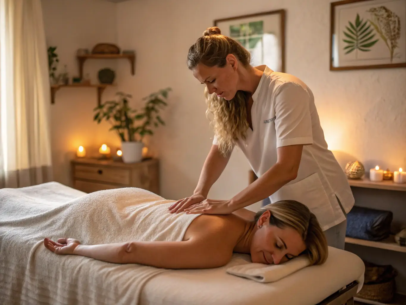 A massage therapist placing smooth heated stones on a client's back in a tranquil setting, with soft lighting and calming ambiance.
