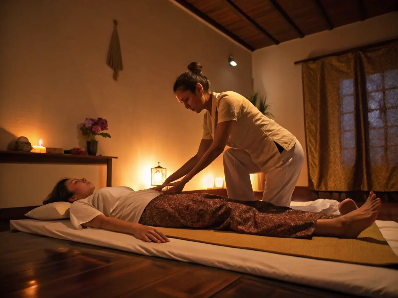 A serene image of a therapist performing a traditional Asian massage on a client in a dimly lit, calming spa room. The focus is on the therapist's hands and the client's relaxed expression.