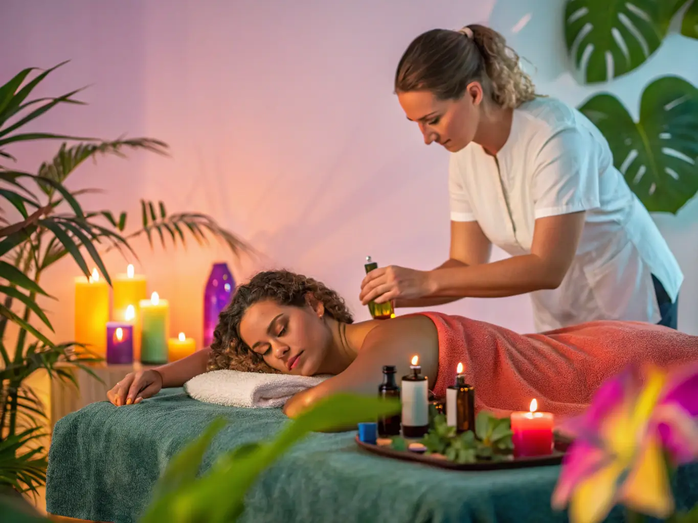 Aromatic essential oils being gently poured onto a therapist's hands, ready to be used for an aromatherapy massage. The background is blurred, highlighting the natural ingredients.