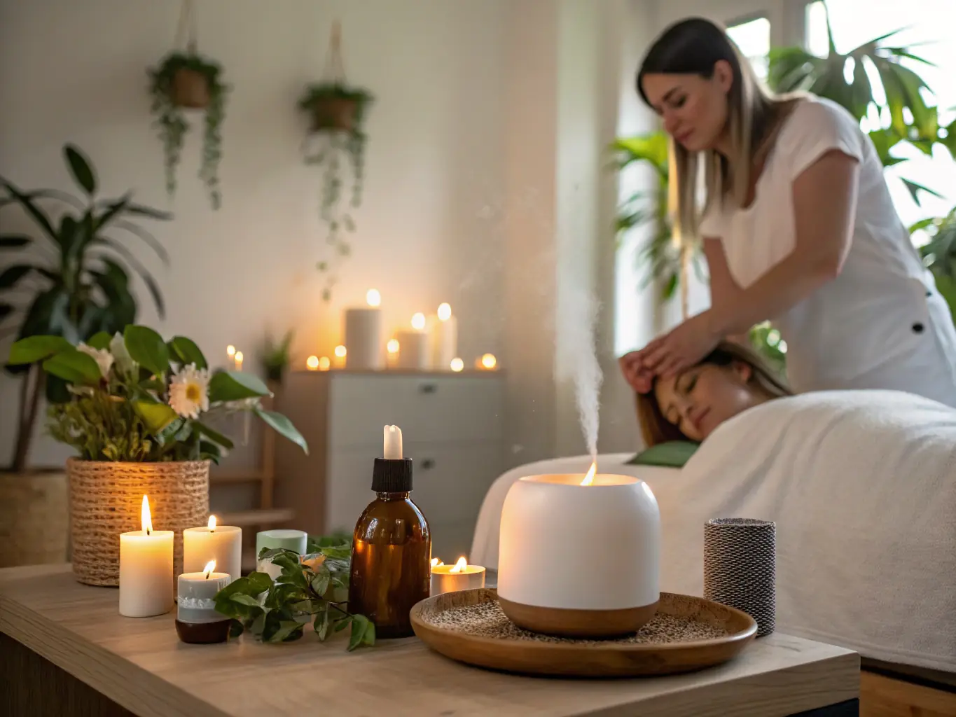 An image depicting essential oil bottles and a diffuser, with a therapist gently massaging a client's temples. The scene is peaceful and aromatic.